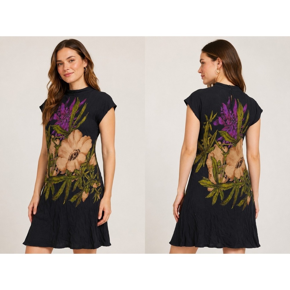 Carole Little Petite Dress Size 2 Black Floral Rayon Midi Shift Mock Neck...